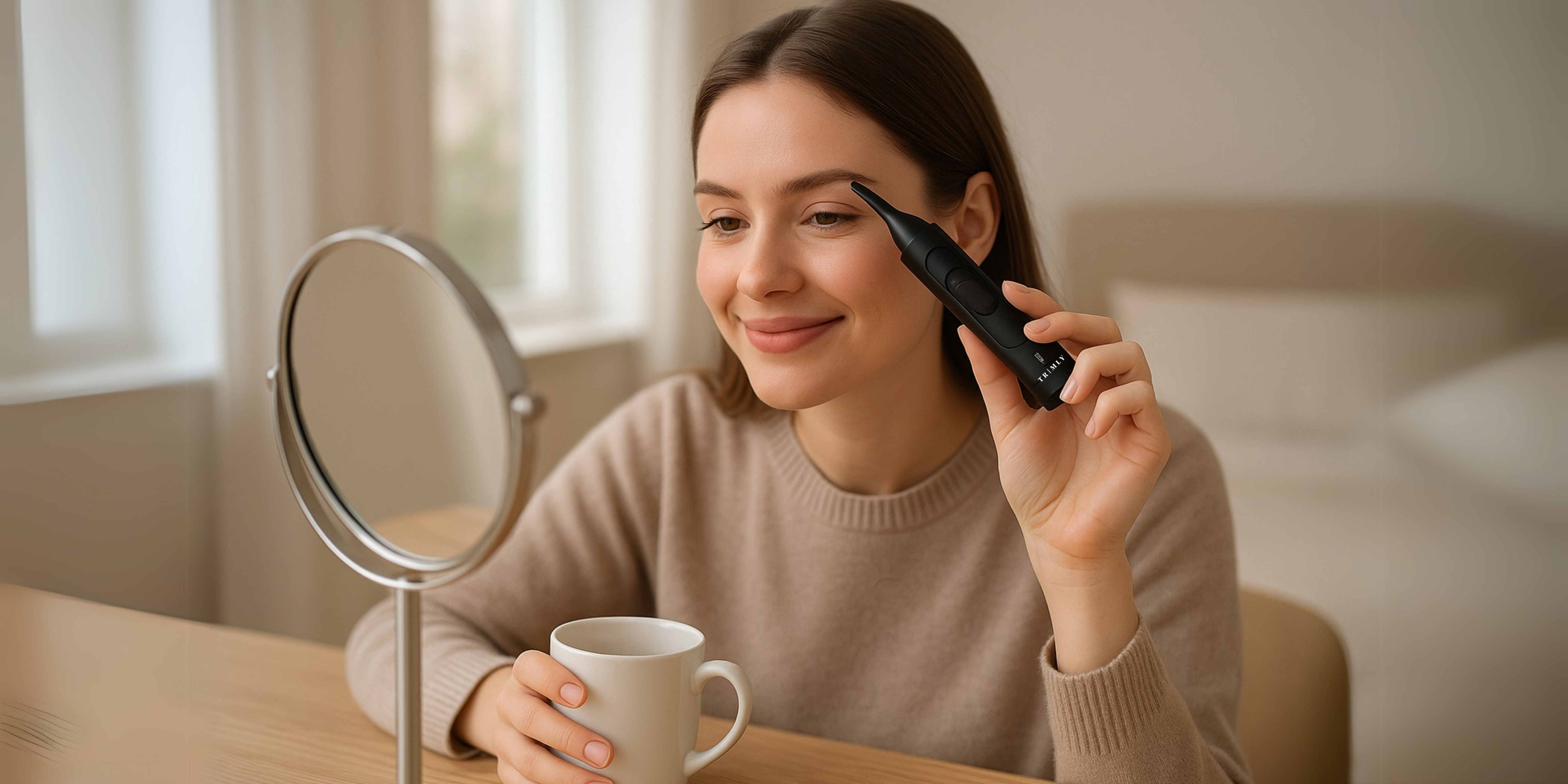 een vrouw die in de spiegel van haar kamer haar wenkbrauwen aan het bijwerken is met de precision advance  van Trimly
