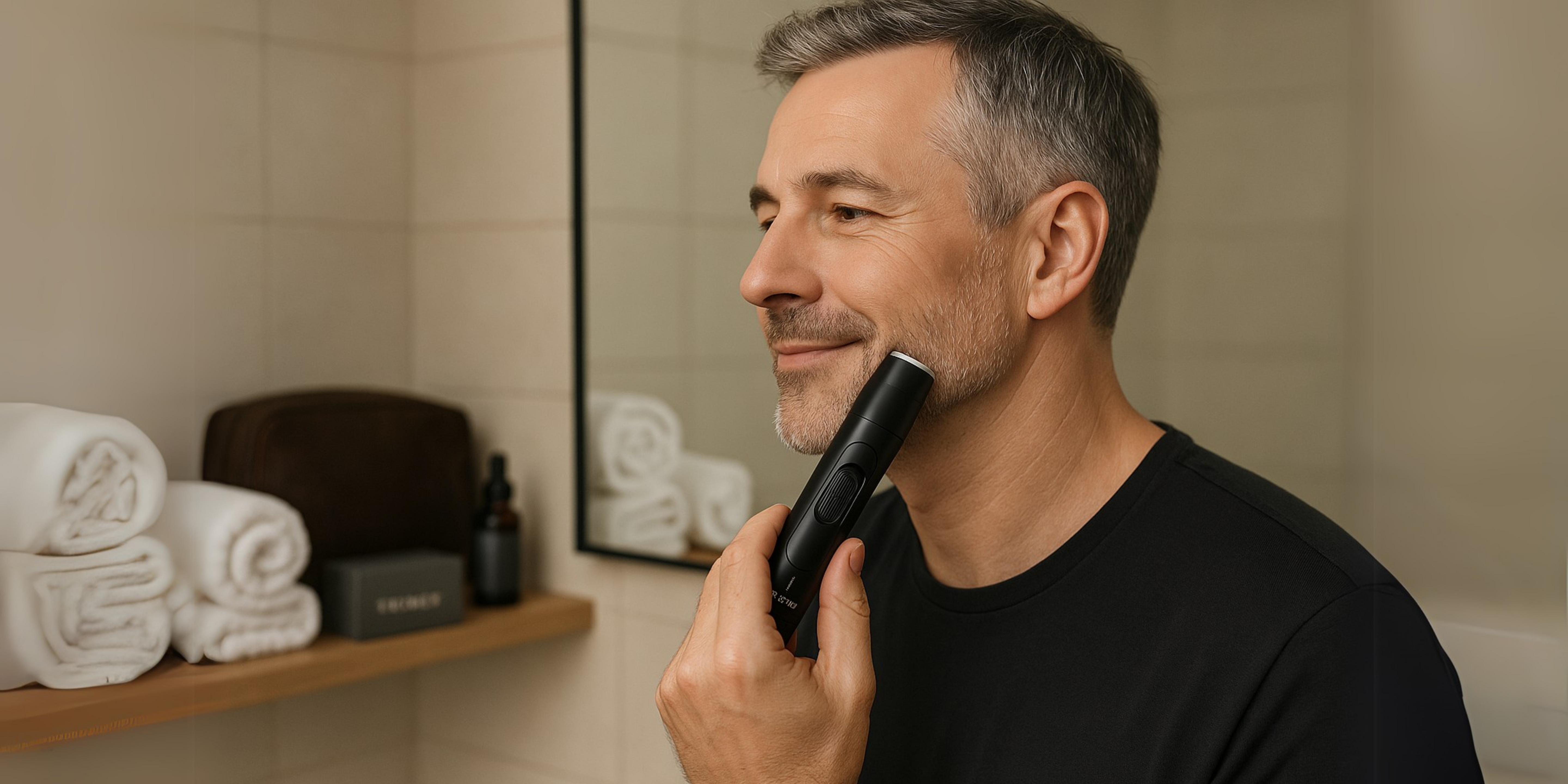 Glimlachende man van vijftig trimt zijn baard met een zwarte Trimly Precision Advance trimmer in een stijlvolle badkamer