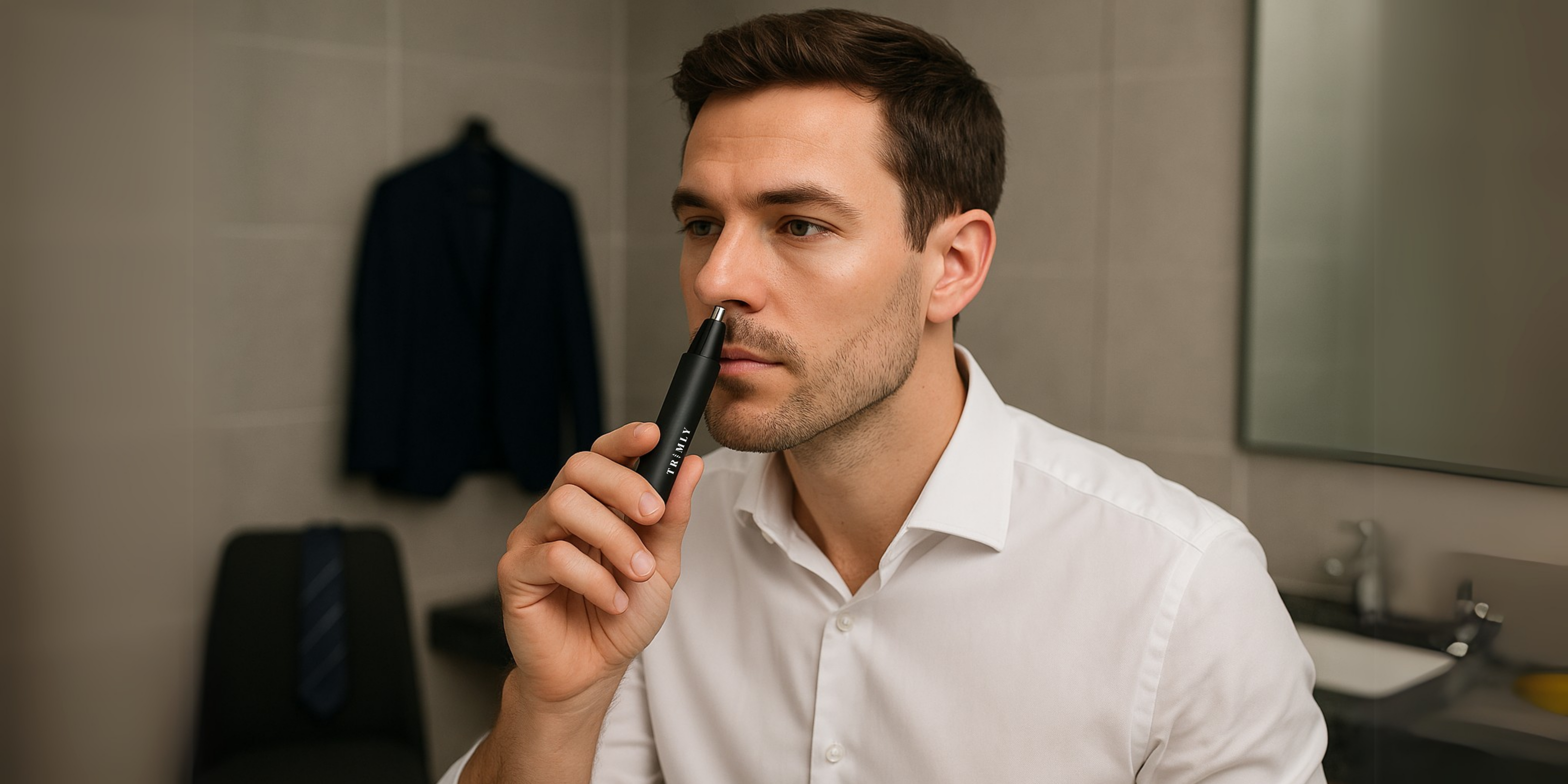 Jonge man in wit overhemd trimt zijn neushaar met een Trimly Precision Pro trimmer in een hotelbadkamer terwijl zijn colbert aan de muur hangt