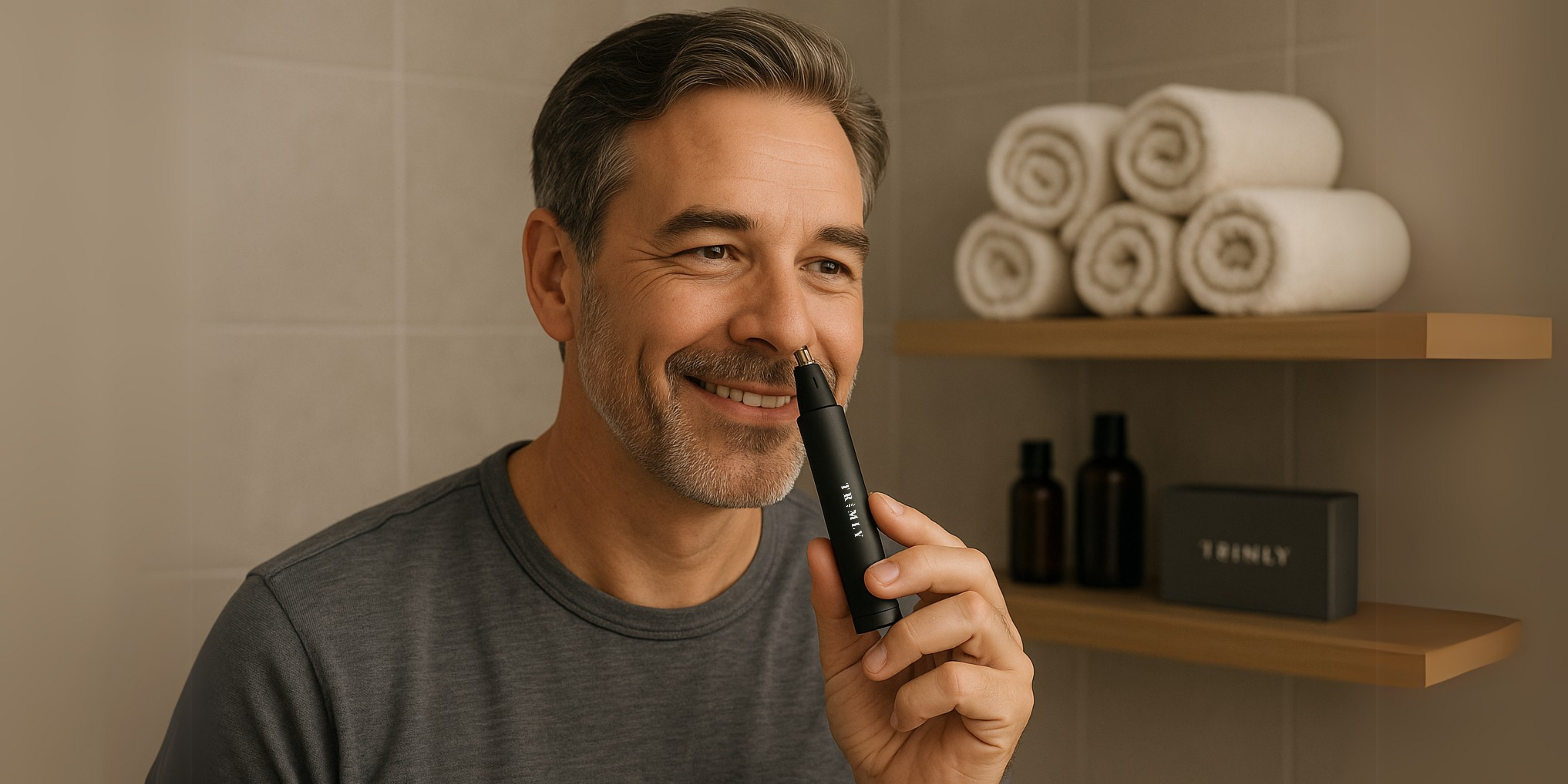 Glimlachende man van vijftig gebruikt een Trimly Precision Pro neustrimmer in een stijlvolle badkamer met handdoeken en verzorgingsproducten op de achtergrond
